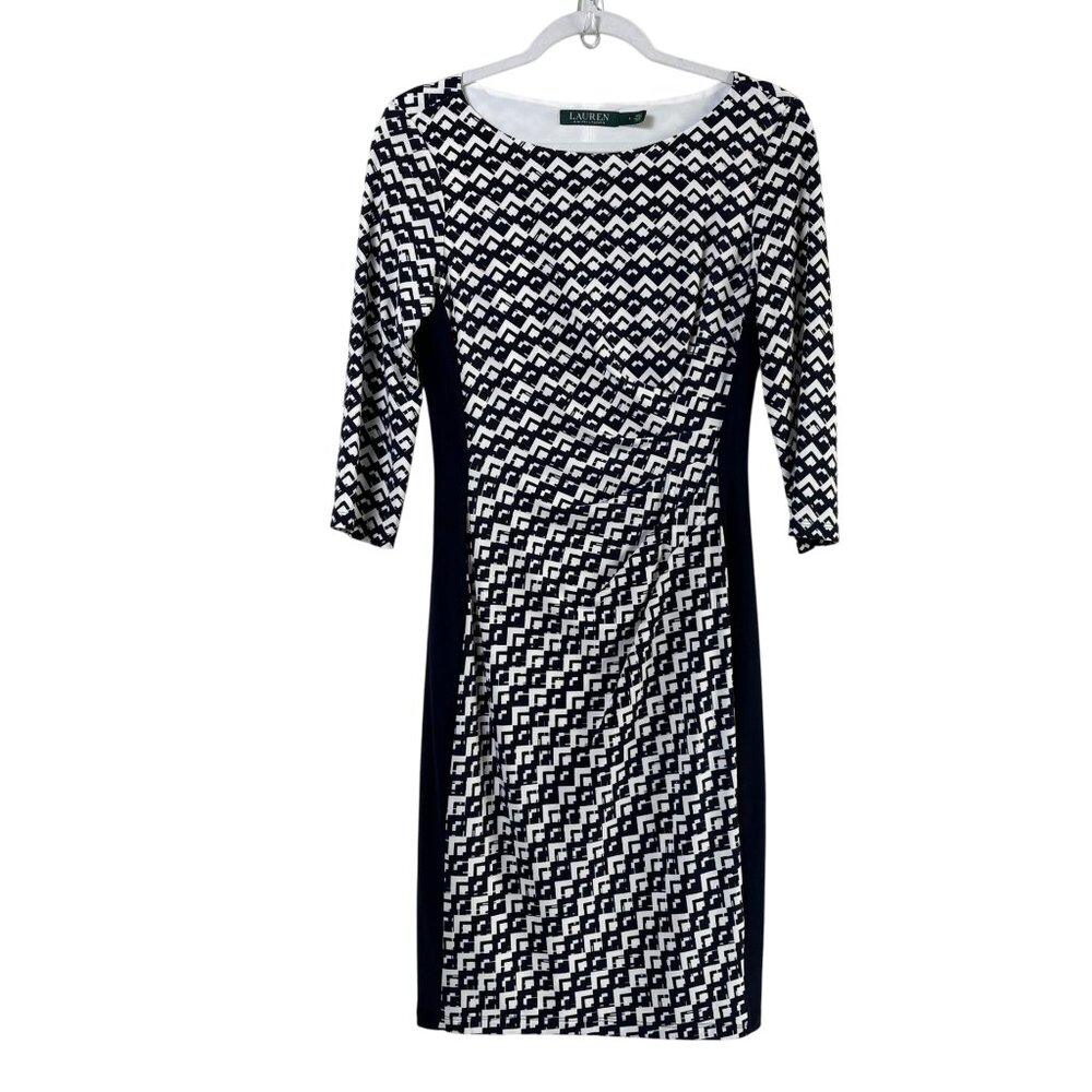 Lauren Ralph Lauren Ruched Dress Size 4 Blue White‎ Abstract Chevron 3/4 Sleeve